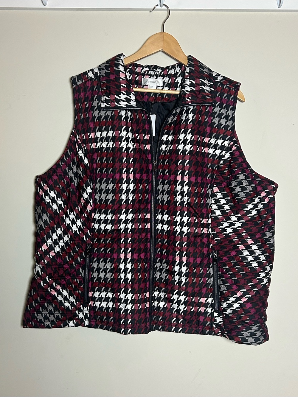 CJ Banks Black White Burgundy Plaid Colorful Quilted Vest